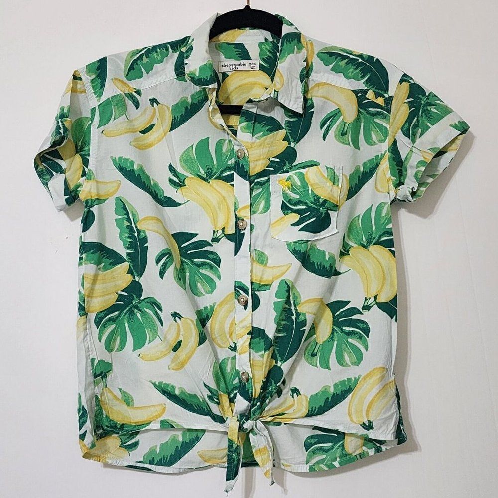 Abercrombie Kids Size 15/16 Banana Leaves Print Buttondown Tie Front Top Shirt